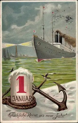 Präge Ak Glückwunsch Neujahr, Dampfer, Anker, Kalender