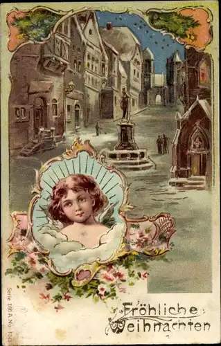 Litho Glückwunsch Weihnachten, Engel-Portrait, Stadtpartie, Denkmal