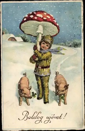 Ak Glückwunsch Neujahr, Kind mit Pilz, Schweine, Glücksklee
