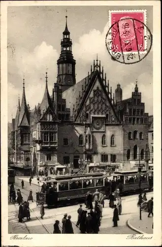 Ak Wrocław Breslau Schlesien, Rathaus, Ring, Straßenbahn, Tramwaj, Ratusz, Rynek