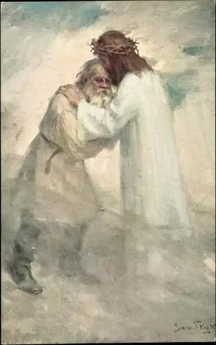 Künstler Ak Styka, Jan, Tolstoi umarmt Jesus
