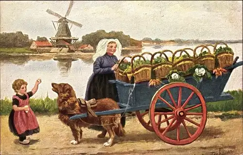 Künstler Ak Gerstenhauer, Joh., Niederlande, Hundekarren, Gemüsehändlerin, Zughund, Windmühle