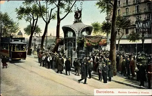 Ak Barcelona Katalonien, Rambla Canaleta y Kiosco, Straßenbahn 123