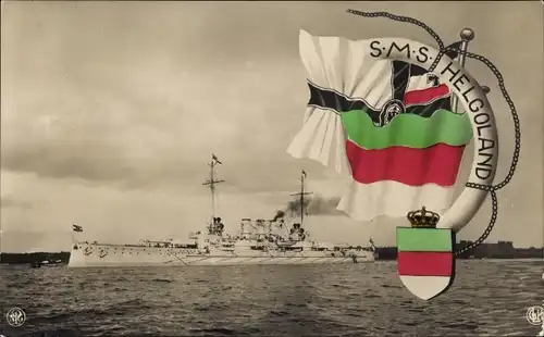 Ak Deutsches Kriegsschiff, SMS Helgoland, Linienschiff, Fahnen, Kaiserliche Marine