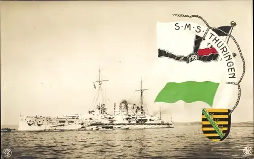 Ak Deutsches Kriegsschiff, SMS Thüringen, Großlinienschiff, Fahnen, Kaiserliche Marine