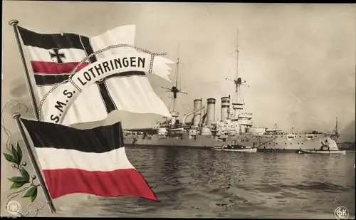 Ak Deutsches Kriegsschiff, SMS Lothringen, Kaiserliche Marine, Fahnen, Wappen, NPG