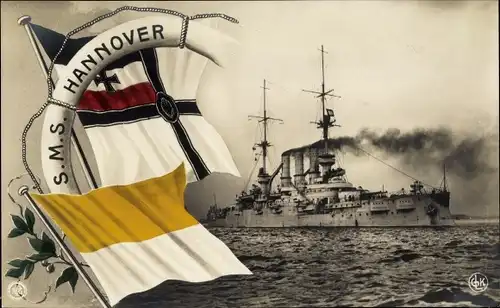 Ak Deutsches Kriegsschiff, SMS Hannover, Kaiserliche Marine, Fahnen, NPG
