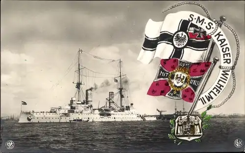 Ak Deutsches Kriegsschiff, SMS Kaiser Wilhelm II, Kaiserliche Marine, Fahnen, Wappen