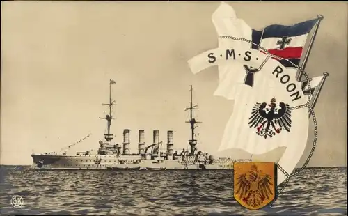 Ak Deutsches Kriegsschiff, SMS Roon, Kaiserliche Marine, Fahnen, GLK