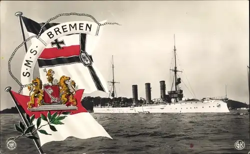 Ak Deutsches Kriegsschiff, SMS Bremen, Kaiserliche Marine, Fahnen, Wappen, NPG