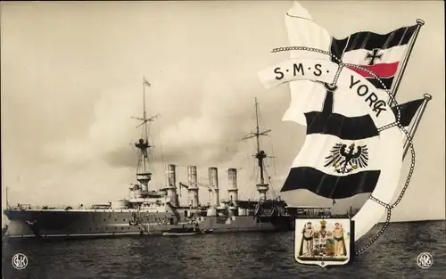 Ak Kriegsschiff SMS Yorck, Großer Kreuzer, Roon-Klasse, Kaiserlichen Marine, Wappen, Fahnen