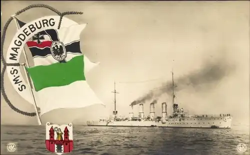 Ak Deutsches Kriegsschiff, SMS Magdeburg, Kleiner Kreuzer, Kaiserliche Marine, Fahnen, Wappen
