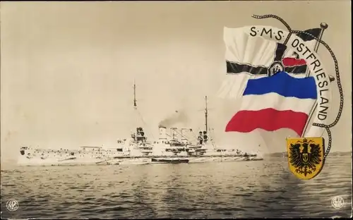 Ak Deutsches Kriegsschiff, SMS Ostfriesland, Kaiserliche Marine, Fahnen, NPG, GLK