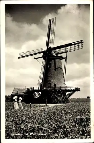 Ak Walcheren Zeeland, Molen, Frauen in Tracht