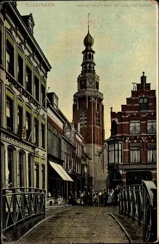 Ak Vlissingen Zeeland Niederlande, Kerkstraat met St. Jacobstoren