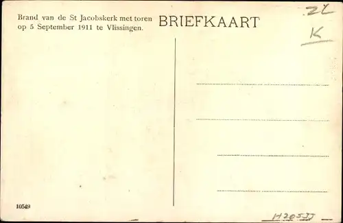 Ak Vlissingen Zeeland Niederlande, Brand van de St Jacobskerk met toren op 5 September 1911