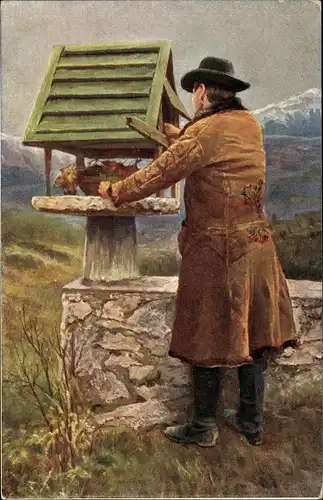 Künstler Ak Kleinmond, L., Österr. Ungarische Volkstypen, Krain Veldes, Vogelfütterung, Slowenien