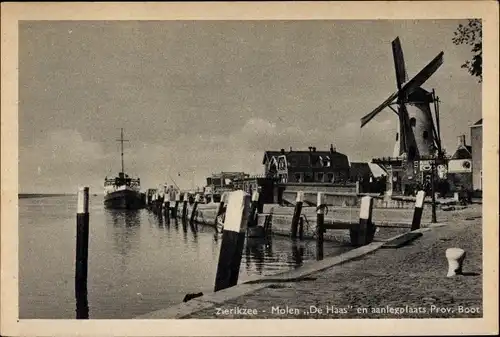 Ak Zierikzee Zeeland, Molen De Haas en aanlegplaats Prov. Boot