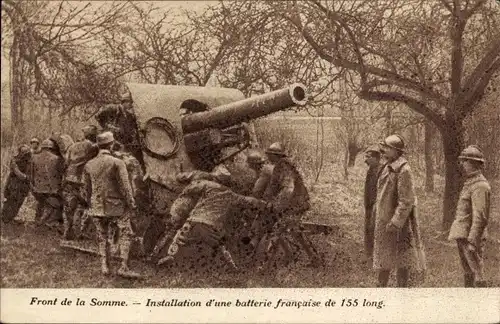 Ak Front de la Somme, Installation d'une batterie francaise de 155 long, I WK
