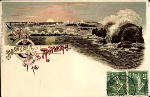 Litho Souvenir de la Riviera, Meerpartie, Sonnenuntergang