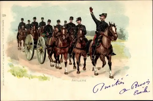 Litho Französische Artillerie, Soldaten auf Pferden