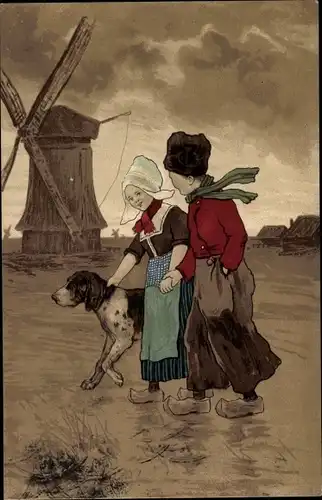 Litho Paar in niederländischen Trachten, Hund, Windmühle
