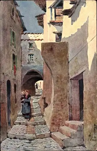 Künstler Ak Schmale Gasse in einer Ortschaft