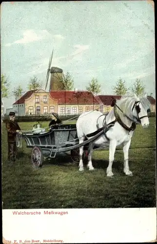 Ak Walcheren Zeeland, Melkwagen, Windmühle, Trachten