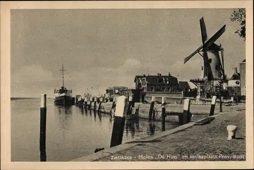 Ak Zierikzee Zeeland, Molen De Haas en aanlegplaats Prov. Boot