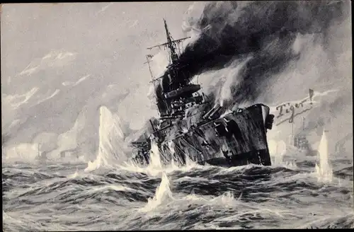 Künstler Ak Stöwer, Willy,  Seegefecht in der Nordsee am 24. Januar 1915, engl. Schlachtkreuzer