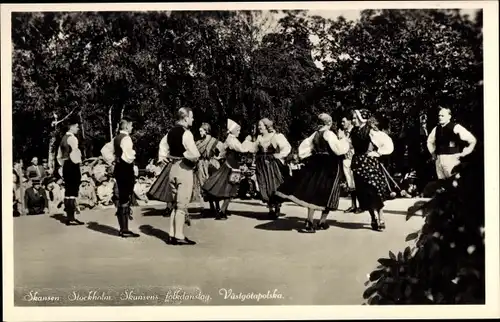 Ak Skansen Stockholm Schweden, Folkdanslag, Västgötapolska, Trachtengruppe, Tanz