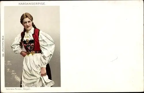 Ak Hardangerpige, Frau in norwegischer Tracht