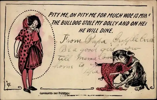 Künstler Ak Gordon, P., The Bulldog stole my dolly, weinendes Mädchen, Hund mit Puppe