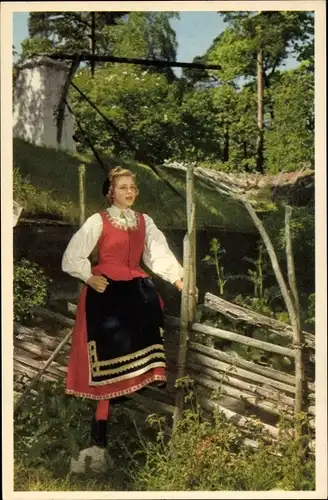 Ak Skansen Stockholm Schweden, Dräkt fran Toarp, Västergötland, junge Frau in Tracht