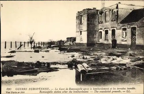 Ak Ramskapelle Ramscapelle Nieuwpoort Westflandern, La Gare, Kriegszerstörung 1. WK