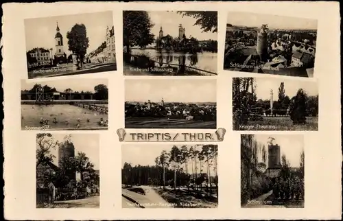 Ak Triptis in Thüringen, Kirche und Schule, Schlossturm, Stadtteich, Sommerbad, Krieger-Ehrenmal