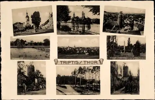 Ak Triptis in Thüringen, Kirche und Schule, Schlossturm, Stadtteich, Sommerbad, Krieger-Ehrenmal
