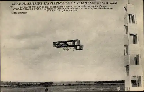 Ak Grande Semaine d'Aviation de la Champagne 1909, Paulhan, Wright, Flugzeug