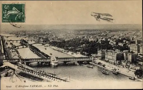 Ak Paris, L'Aeroplane Farman, Doppeldecker über der Stadt