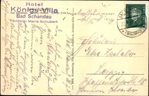 Ak Bad Schandau Sächsische Schweiz, Sendigs-Hotel, Königs-Villa, Pächterin Maria Schubert