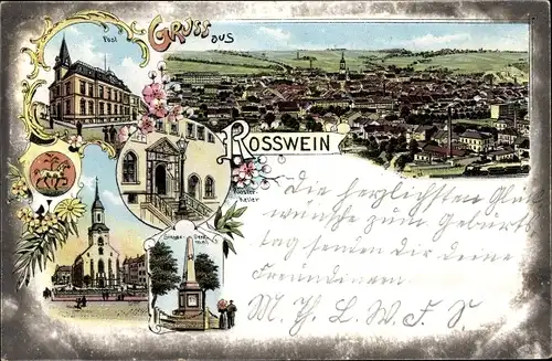 Litho Roßwein in Sachsen, Post, Kirche, Klosterkeller, Denkmal, Panorama