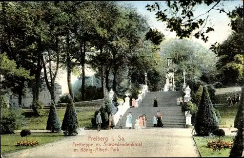 Ak Freiberg Sachsen, Freitreppe mit Schwedendenkmal im König Albert Park