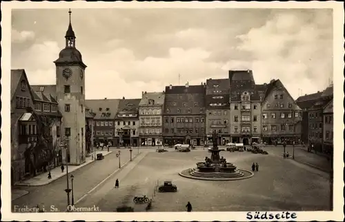 Ak Freiberg Sachsen, Obermarkt, Südseite, Brunnendenkmal