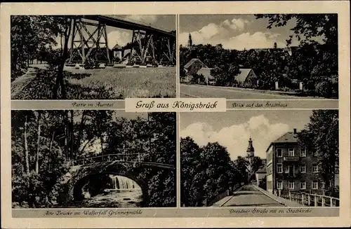 Ak Königsbrück in der Oberlausitz, Stadthaus, Auentalpartie, Dresdner Straße, Stadtkirche, Brücke