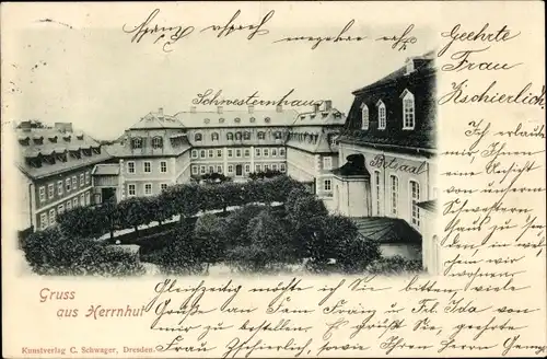 Ak Herrnhut in der Oberlausitz, Schwesternhaus und Betsaal der Brüdergemeine