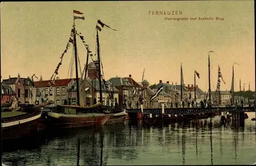 Ak Terneuzen Zeeland Niederlande, Heerengracht met Axelsche Brug, Boote