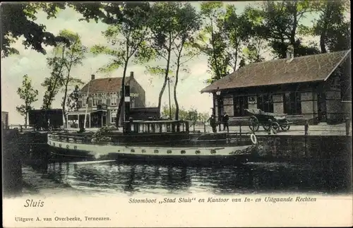 Ak Sluis Zeeland Niederlande, Stoomboot Stad Sluis en Kantoor van In- en Uitgaande Rechten