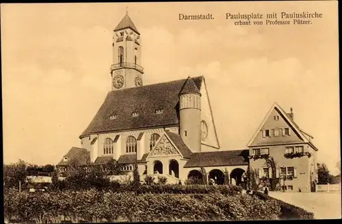 Ak Darmstadt in Hessen, Paulusplatz mit Pauluskirche, erbaut von Professor Pützer