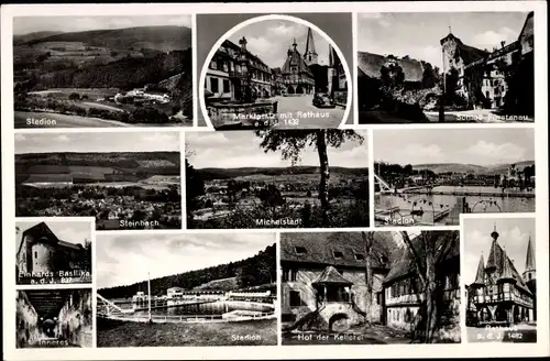 Ak Michelstadt im Odenwald, Stadion, Marktplatz mit Rathaus, Schloss Fürstenau, Rathaus, Steinbach