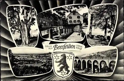 Ak Beerfelden Oberzent im Odenwald, Galgen, 1000 Eiche, Panorama, Wappen, Himbachel Viadukt